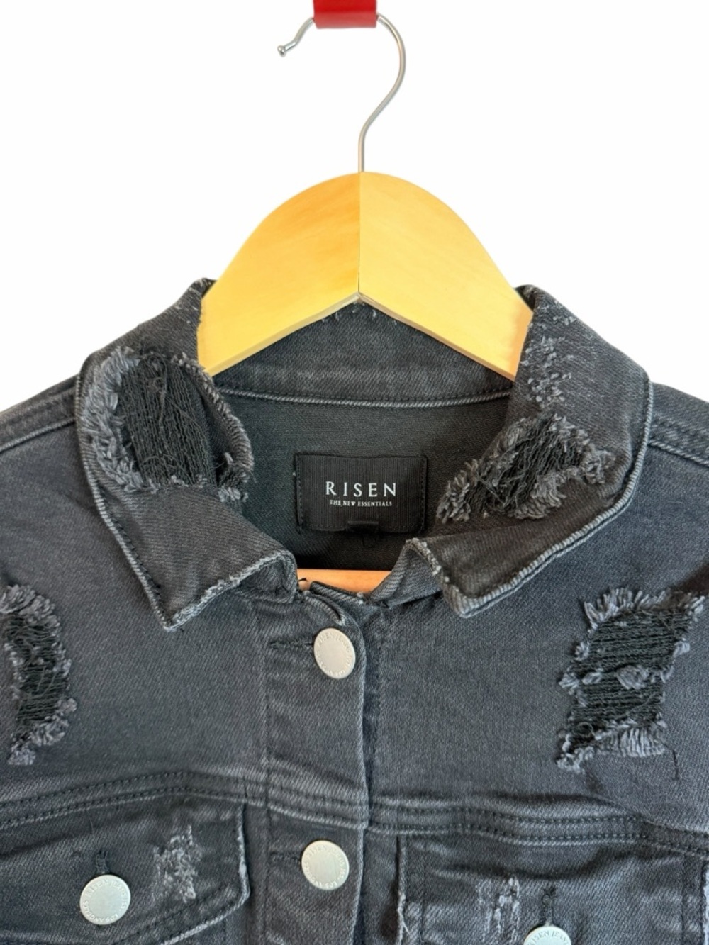 Risen Black Shirring Sleeve Crop Jacket Distressed Denim Women’s Sz Small - Picture 6 of 11
